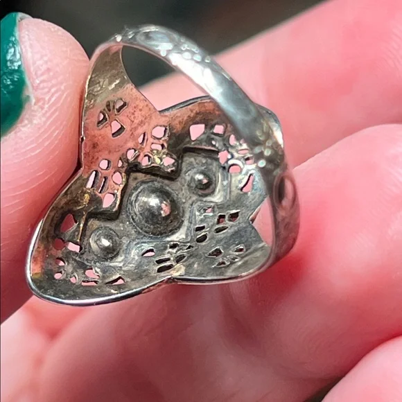 Antique Art Deco Ornate Filigree Sterling Silver Paste Diamond Statement Ring - Picture 9 of 11